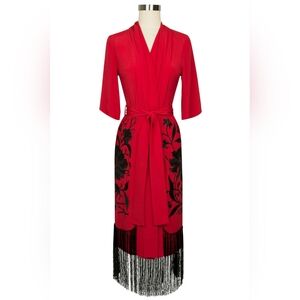 TRASHY DIVA Red Embroidered Flapper Robe Black Fringe sz S